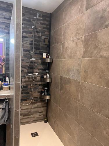 a bathroom with a shower and a tile wall at F3 CENTRE de ST-FLORENT in Saint-Florent