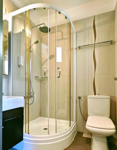 a bathroom with a shower and a toilet at Sandy Bay Hotel in Plomari