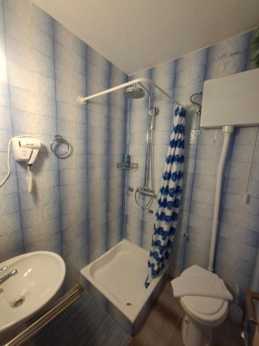 a bathroom with a shower and a toilet and a sink at Malin Guesthouse in Skradin