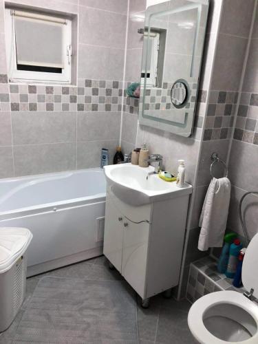 a bathroom with a sink and a tub and a toilet at AmiraHome in Galaţi
