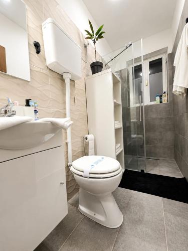 a bathroom with a toilet and a sink and a shower at Komiža Sea Breeze in Komiža