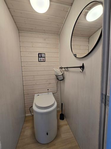 a small bathroom with a toilet and a mirror at Seaside cottage with private beach & wood-fired sauna in Vörå, Finland in Oravais