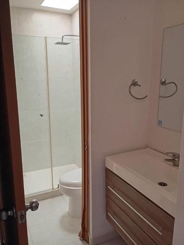 a bathroom with a shower and a toilet and a sink at Vacation home with lake access and pool in Tequesquitengo