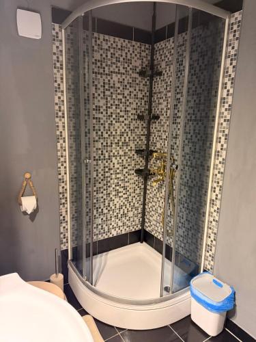 a shower with a glass enclosure in a bathroom at Apartment Ivana in Murter
