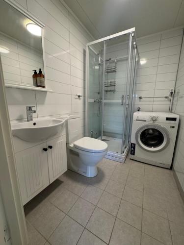 a bathroom with a toilet sink and a washing machine at Leilighet midt i sentrum in Kirkenes