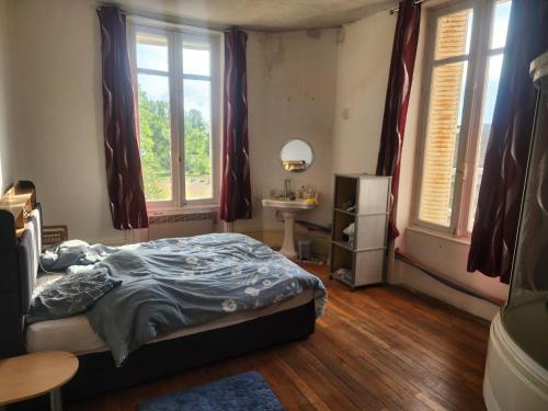 a bedroom with a bed and a sink and windows at Manoir, vaste parc arboré in Montbron