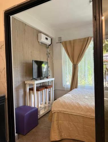 a bedroom with a bed and a tv and a window at Garden! in Villa Ballester