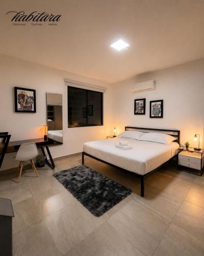 a bedroom with a bed and a desk and a bed sidx sidx sidx at Habitara - Carancho in Atasta de Serra