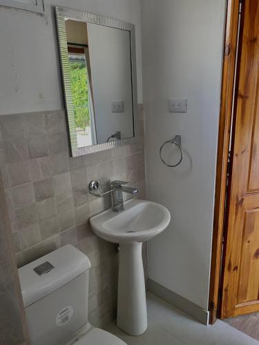 a bathroom with a sink and a toilet and a mirror at Chill Studio Near Beach Tamarindo in Tamarindo