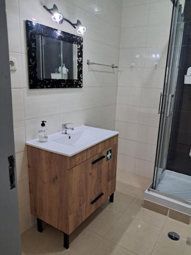 a bathroom with a sink and a shower at Os Robalos in Moura