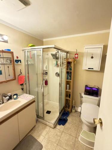 a bathroom with a shower and a toilet and a sink at Cozy EnSuite No Pets Allowed in Burnaby
