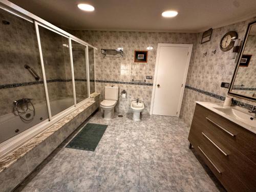 a bathroom with a toilet and a shower and a sink at Rincón Atlántico ático deluxe in Moaña