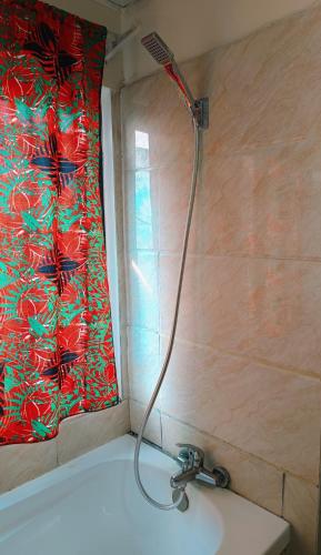 a bath tub with a shower hose next to a window at Nadi Fancy Hotel in Nadi