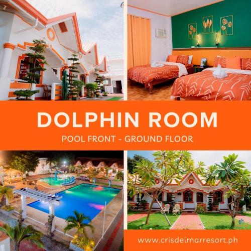 a collage of four pictures of a pool room at Cris Del Mar Resort in Bolinao