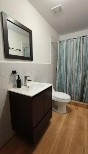 a bathroom with a sink and a toilet and a mirror at Apartamento 2 dormitorios 1 baño parqueo in Boca Monte