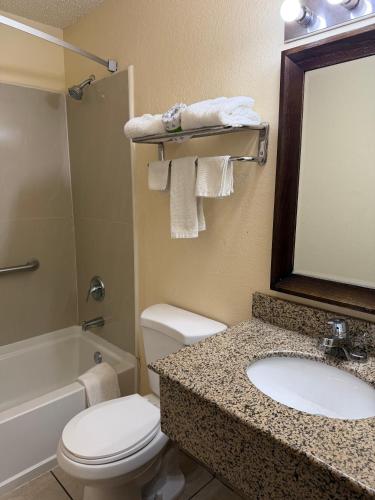 a bathroom with a toilet and a sink and a mirror at LaVale Inn Cumberland Area in La Vale