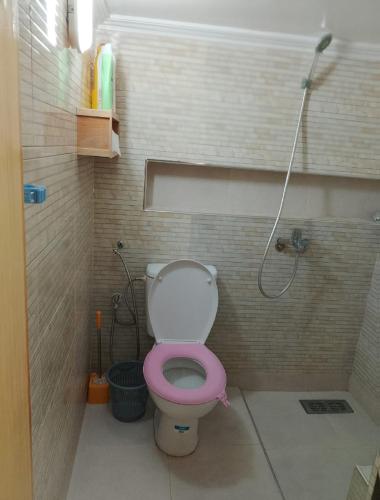 a bathroom with a pink toilet and a shower at Maison d'hôte Najah 1 in Khenifra
