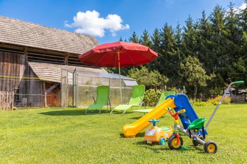 a playground with a slide and an umbrella and chairs at Mržek House with Sauna - Happy Rentals in Nova Vas