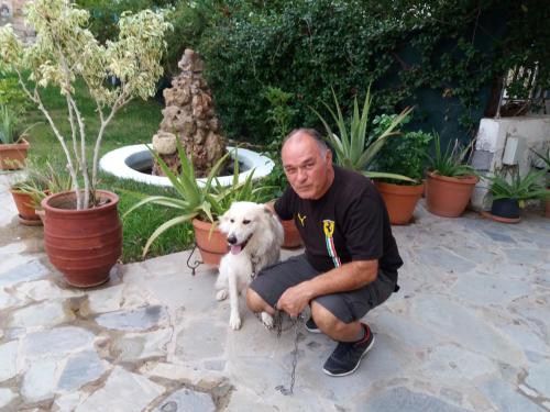 a man is kneeling next to a white dog at San Georgio Hotel in Tsoútsouros