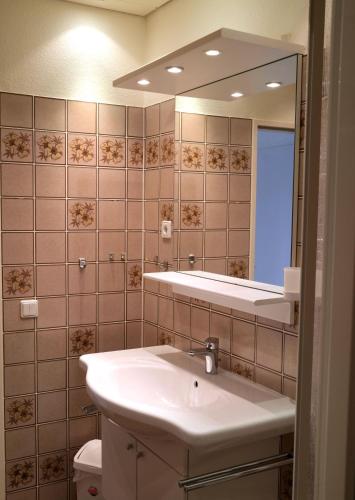 a bathroom with a sink and a mirror and a toilet at Germania-36 in Böhl