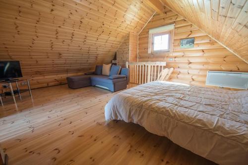 een slaapkamer met een bed, een bank en een televisie bij Ranch des bisons in Petit-Réderching