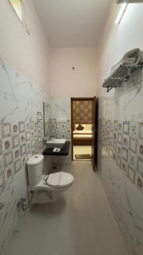 a bathroom with a toilet and a sink at Hotel Panigrahan in Bikaner