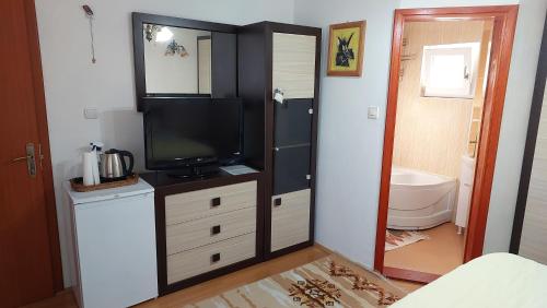 a bathroom with a television on a dresser with a tub at Apartment Panorama in Kotor