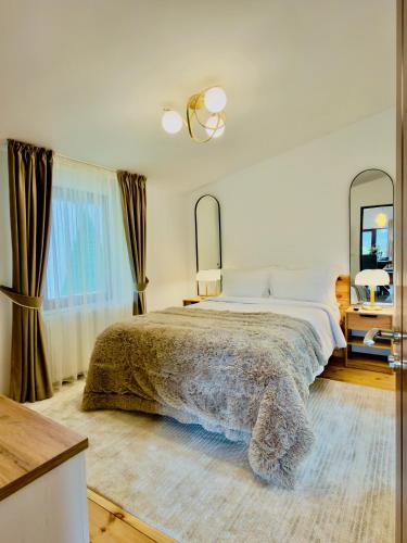 a bedroom with a large bed and a mirror at Casa Rogin Chalet in Buhalniţa