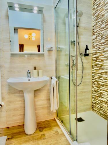 a bathroom with a sink and a shower at Casa Rogin Chalet in Buhalniţa