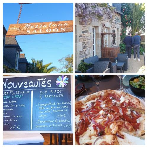 a collage of four pictures with a pizza and a sign at Esprit d'Antan in Ploubazlanec