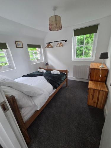 a bedroom with a large bed and two windows at St Marys Cottage 2 in Dover