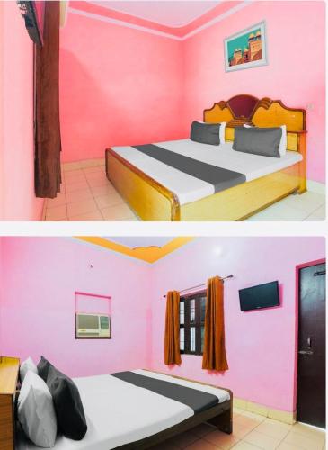 two pictures of a room with two beds at Hotel cozy guest house in Alīgarh