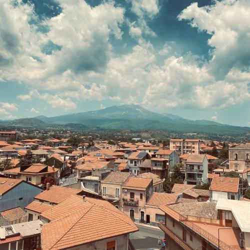 a city with buildings and a mountain in the background at Etna Rooftop in Trecastagni