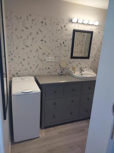 a bathroom with a sink and a mirror at L'Escale Baie in Pendé