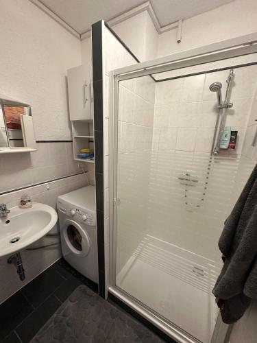 a bathroom with a shower and a sink at Relax in the Harz in Hasselfelde