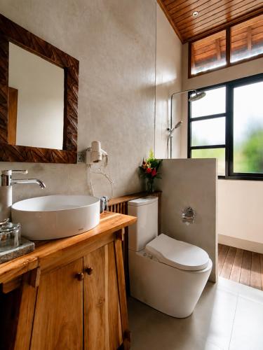 a bathroom with a toilet and a sink and a mirror at LUV-Balian in Balian