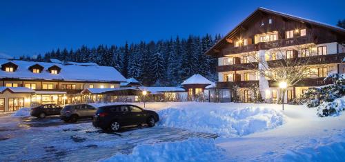 two cars parked in a parking lot in front of a lodge at Wellness- und Vitalhotel Böhmhof in Bodenmais