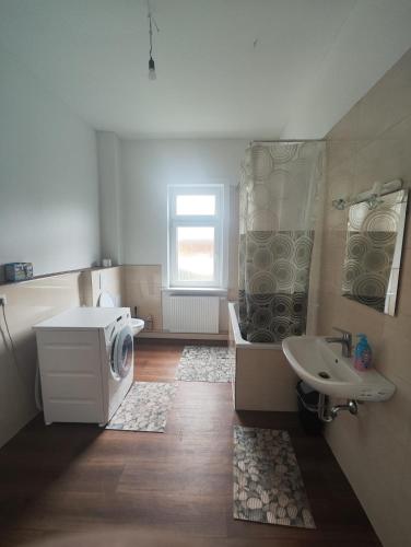 a bathroom with a sink and a toilet and a shower at Revant Monteurzimmer Haus WE 3 in Arnstadt