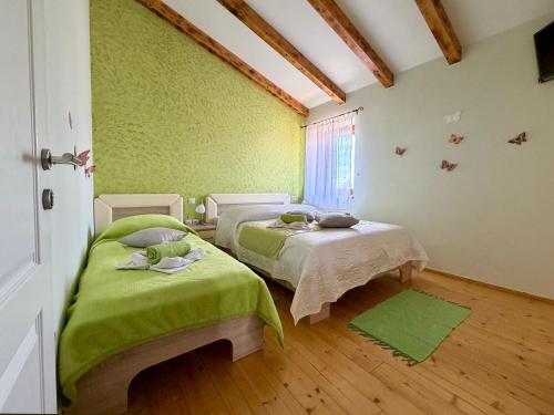 two beds in a room with green walls at Bed and Breakfast Casa Rustica in Vodnjan
