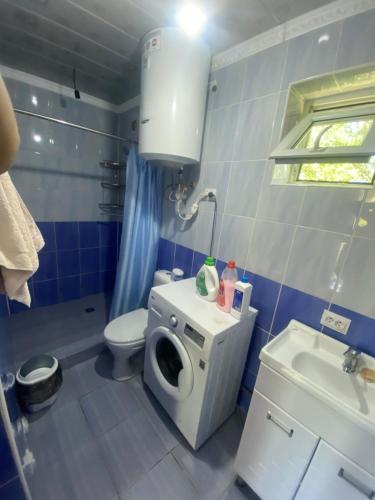 a bathroom with a washing machine and a toilet at ASAN ATA Guest House in Toktogul