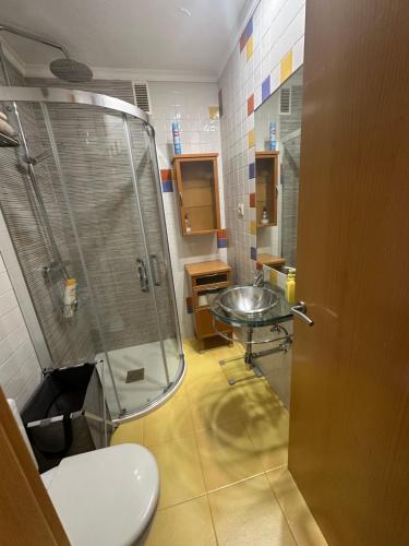 a bathroom with a shower and a sink and a toilet at Apartamento Bamuxela in Vigo