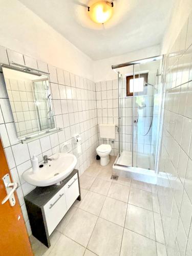 a bathroom with a sink and a shower and a toilet at Apartmani Leona in Metajna