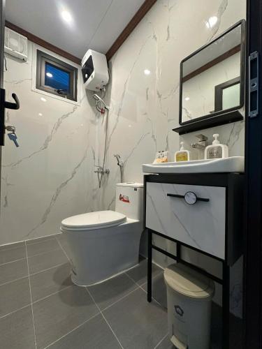 a bathroom with a toilet and a sink and a mirror at ILLUMI Homestay in Dong Hoi