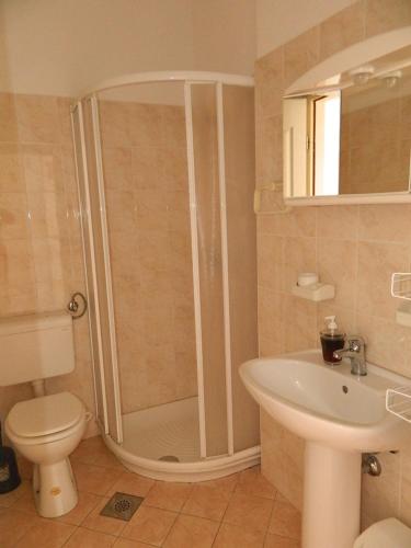 a bathroom with a shower and a toilet and a sink at Apartments Skender in Čižići