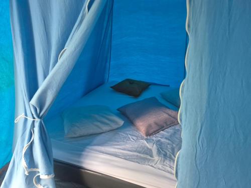 a bed with a canopy with two pillows on it at Le petit campîng de Vallye in Maxent