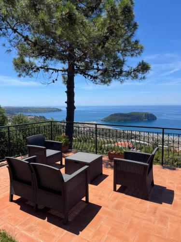 a patio with benches and a table and a tree at B&B Saracinello in Praia a Mare