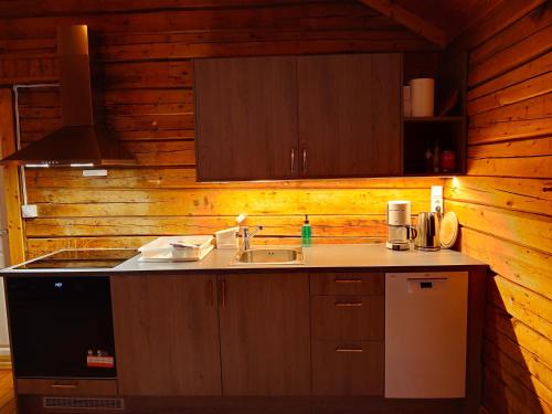 a kitchen with a sink and a stove at Å-Hamna Rorbuer in Å