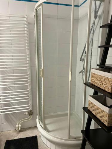 a shower with a glass door in a bathroom at Main Square Sławkowska Apartment in Krakow