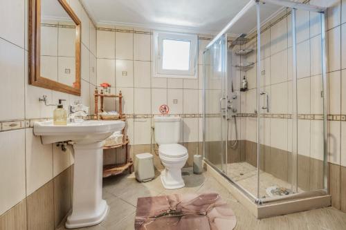 a bathroom with a shower and a toilet and a sink at Archontiko Loukis in Pentátion
