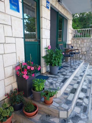 a porch with potted plants and a green door at Sobe Kraft 1 in Živogošće